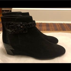 Tod’s Black suede wedge booties with patent leather details/buckle. Brand new.